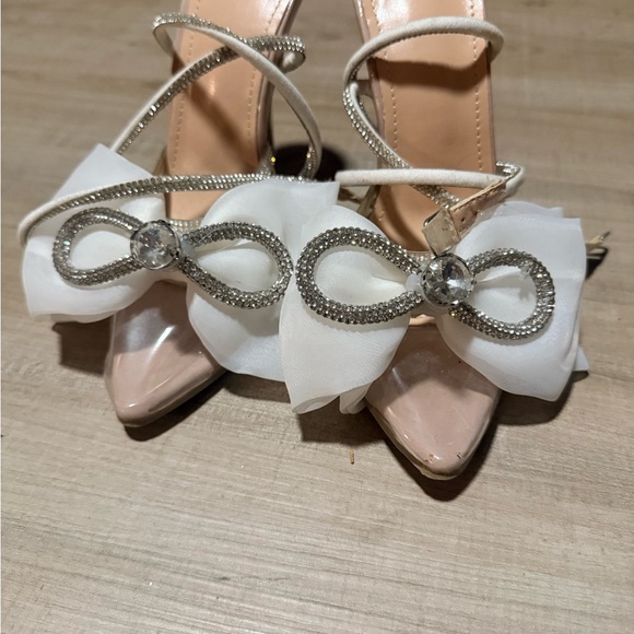Shoes - Women's Nude Pointed Toe Heels with White Bow and Rhinestone Accent